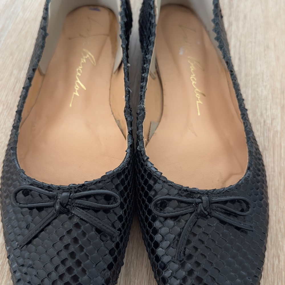 Black Leather Textured Luiza Barcelos Flats with Bow